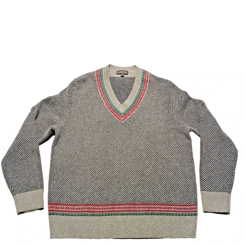 Brooks Brothers V Neck Sweater Mens Size L‎ Geometric Gray 100% Lambswool Knit